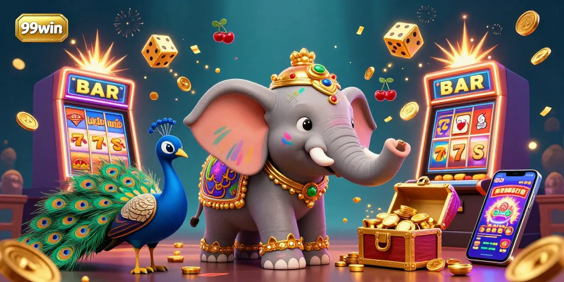 Experience thrilling gaming with 99win as a vibrant slot machine bursts with rewards above a colorful scene.