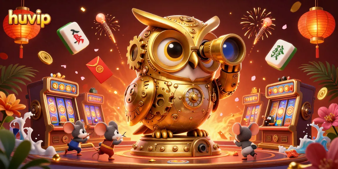 Experience Huvip's vibrant casino atmosphere with a golden owl and mouse patrons enjoying the action