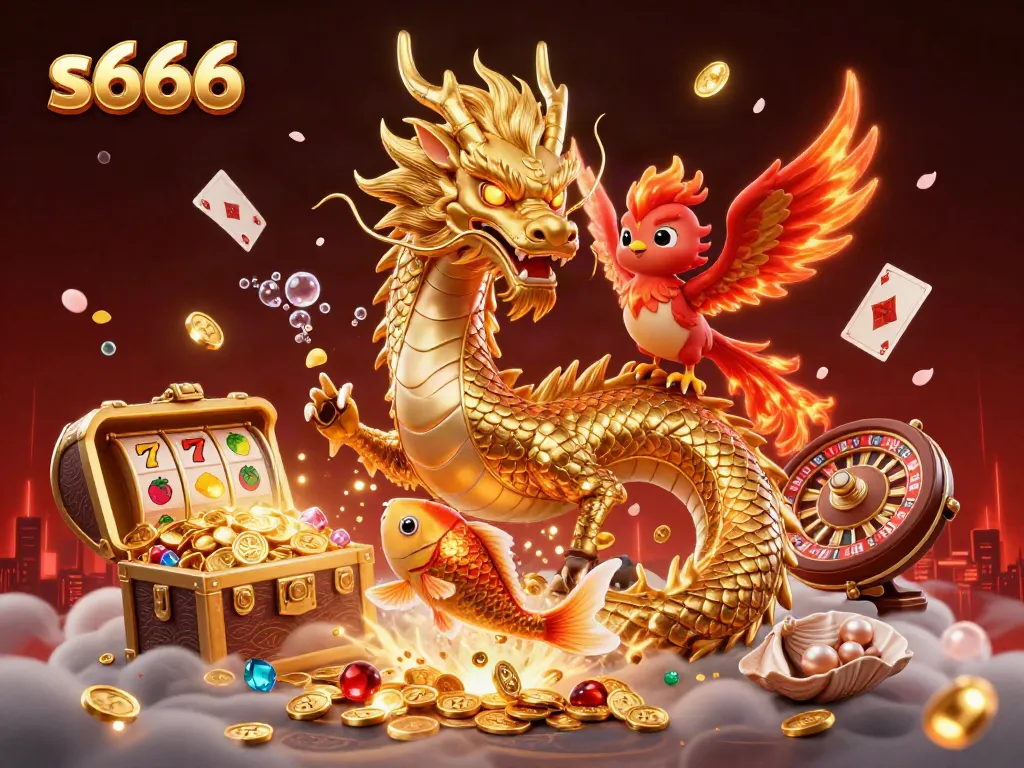 Spin and win at s666 with a fierce dragon, phoenix, and koi in a vibrant casino scene.
