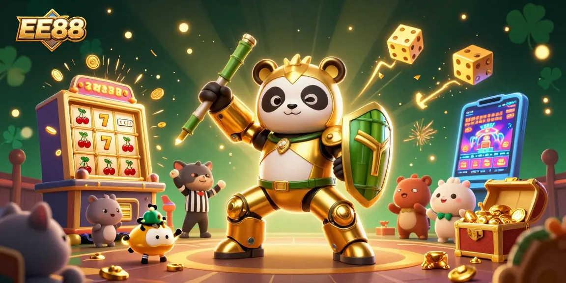 Spin to win with EE88's vibrant 3D casino scene featuring a golden panda and dynamic jackpots.