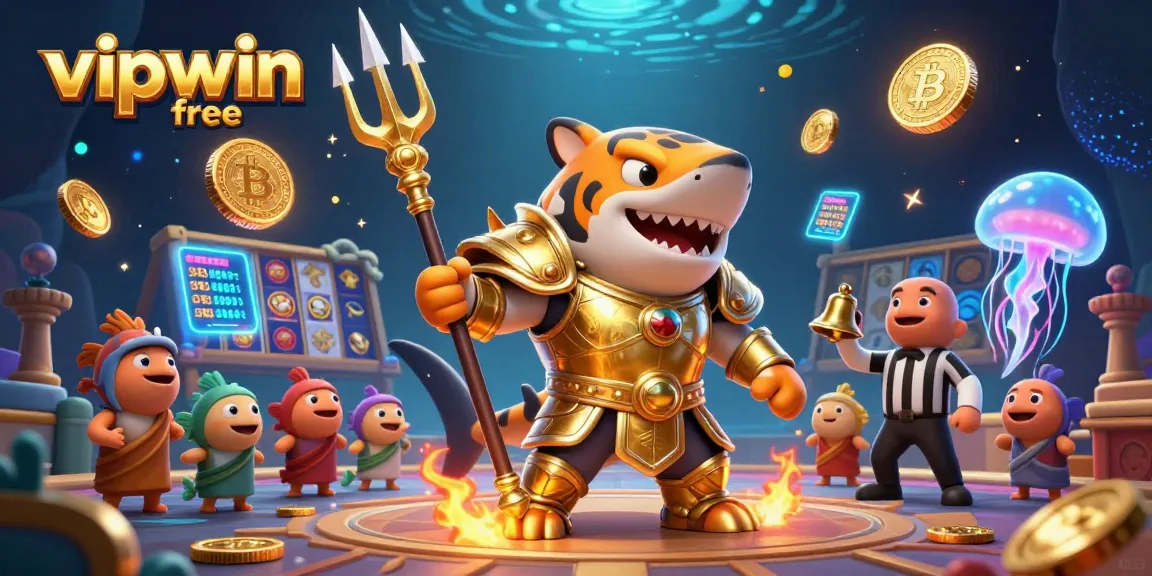 Engage with vipwin free's thrilling slot games featuring a dynamic scene with a gladiator shark and crypto coins.