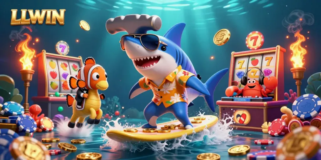 Experience exciting gaming action with LLWIN's 3D animated characters amid vibrant casino elements.
