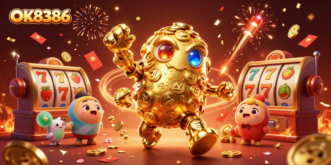 Experience the excitement of OK8386 with stunning 3D casino elements and a gold golem character.
