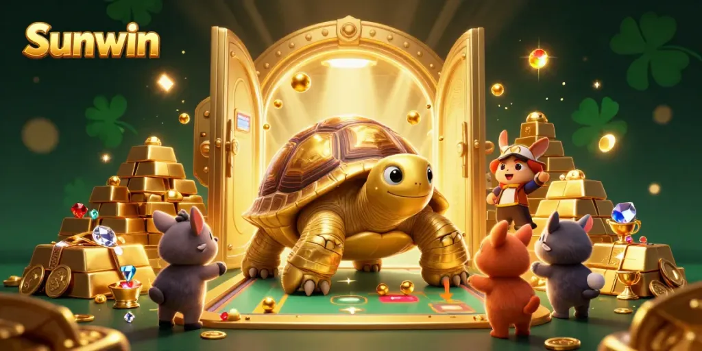 Engage in thrilling gameplay at Sunwin with vibrant 3D illustrations of a golden tortoise amidst treasure vaults and exciting game elements.