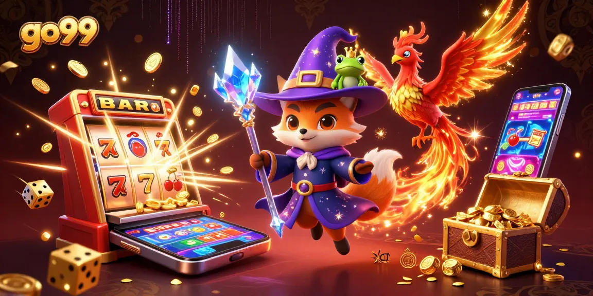 Experience the magic of go99 with a mystical wizard fox in a vibrant casino scene.