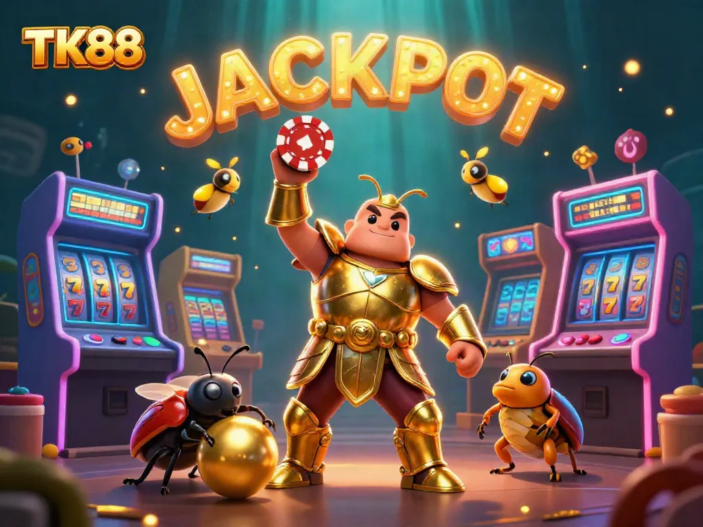 Experience TK88 excitement with a victorious beetle hero lifting a poker chip amidst vibrant casino elements.