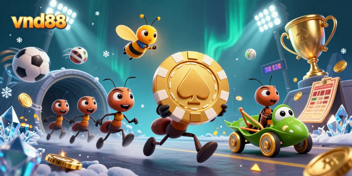 Experience thrilling adventures with vnd88 as ants carry massive poker chips amidst dynamic sports elements.