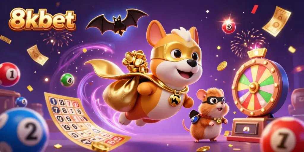 Play thrilling games at 8xbet with a dynamic casino scene featuring characters and colorful elements.