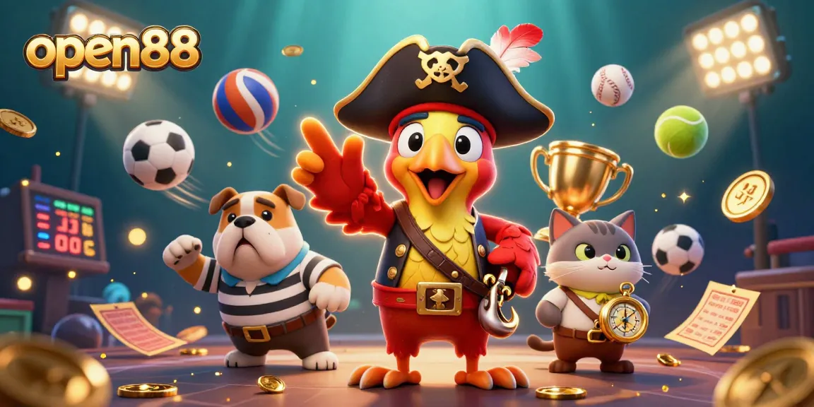 open88 offers an exciting gaming scene with cartoon characters and sports elements, promoting online gaming.