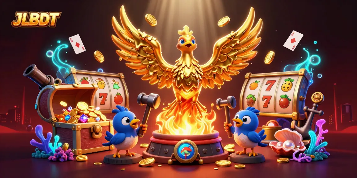 Engage in thrilling gameplay with JLBDT's golden phoenix and slot reels in this dynamic 3D illustration.