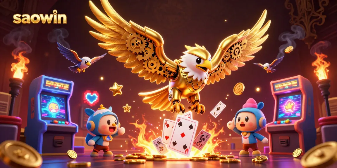 Experience thrilling gaming at saowin with a golden eagle soaring through vibrant holographic cards.