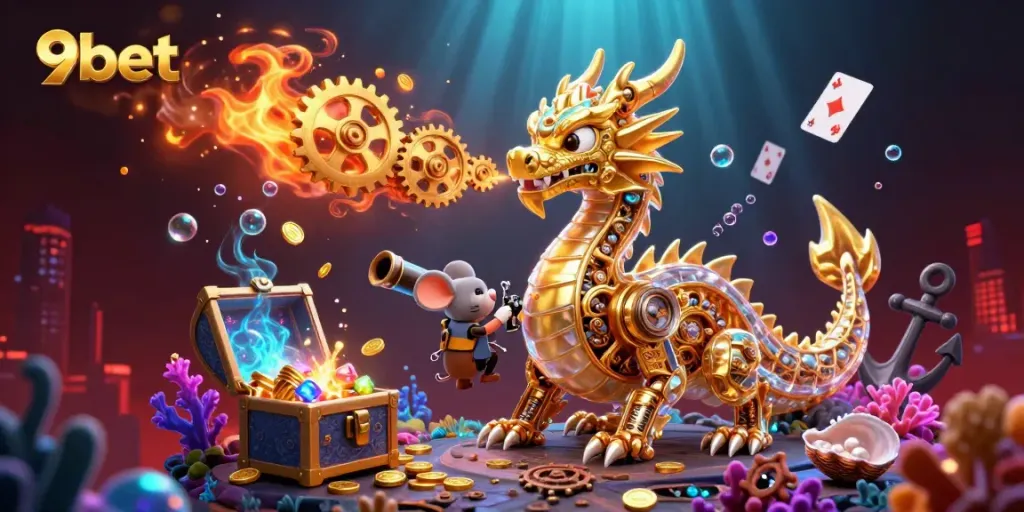 Experience thrilling casino action at 9bet with this vibrant illustration featuring a golden dragon and underwater treasures.