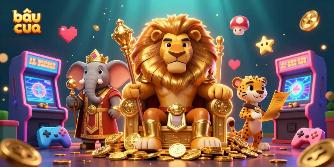 Engage in the vibrant world of bầu cua with a lion king, elephant advisor, and cheetah messenger among dynamic casino elements.