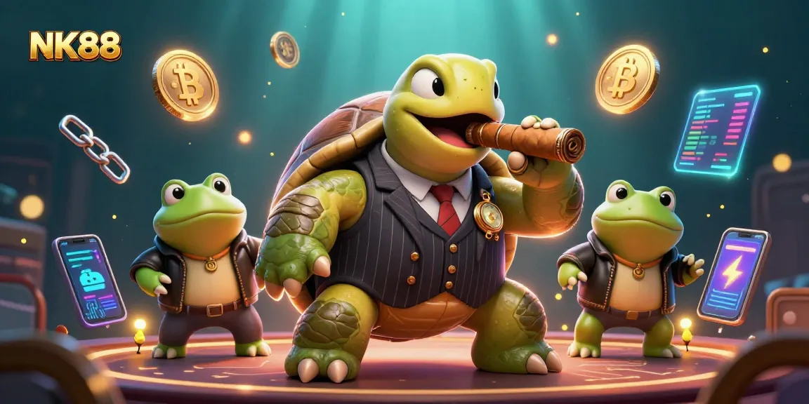 Join the exciting NK88 casino adventure with a whimsical snapping turtle and bullfrog enforcers amidst glowing crypto elements.