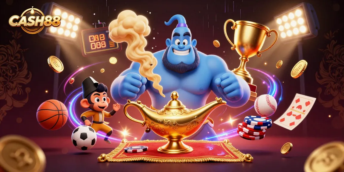 CASH88 engages players with a vibrant 3D illustration of a genie, monkey, and poker chips, capturing the dynamic essence of online gaming.
