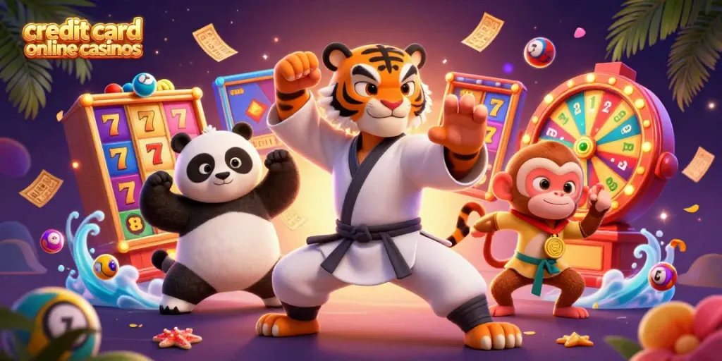 Experience the excitement at credit card online casinos with this vibrant scene featuring animated characters and engaging betting elements.