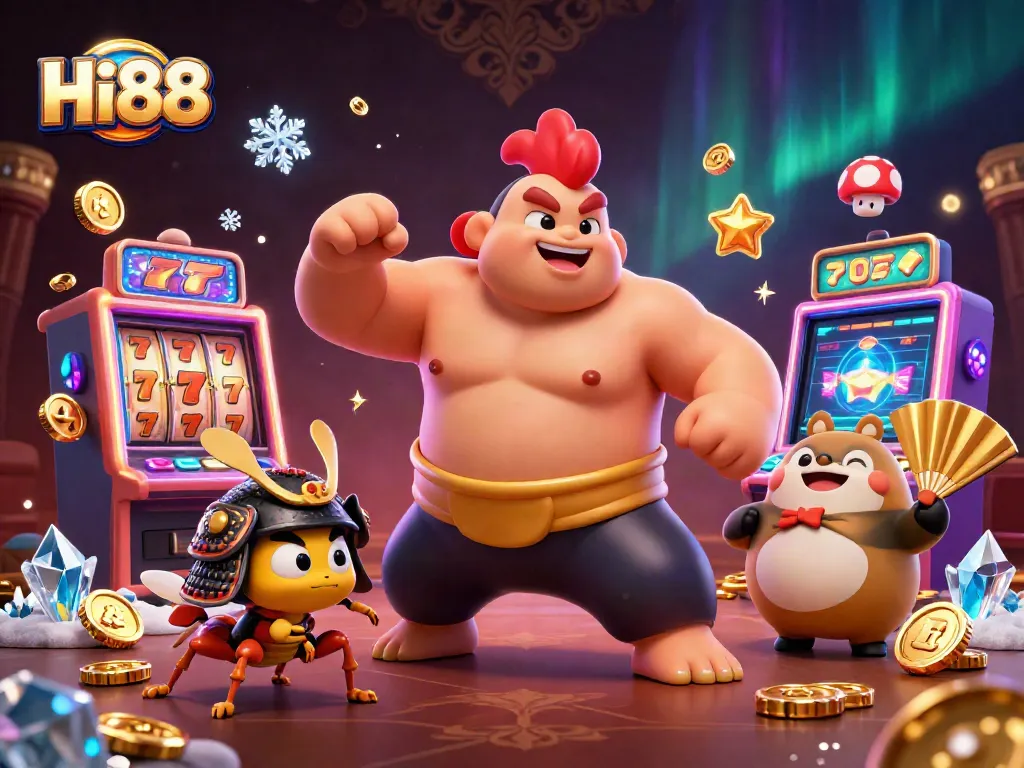 Spin and win at Hi88 with vibrant 3D characters and lively slot machines showcasing dynamic gaming action.