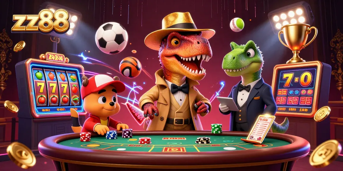 Experience the thrill of zx88 with a velociraptor card counter and stegosaurus pit boss in a vibrant casino environment.