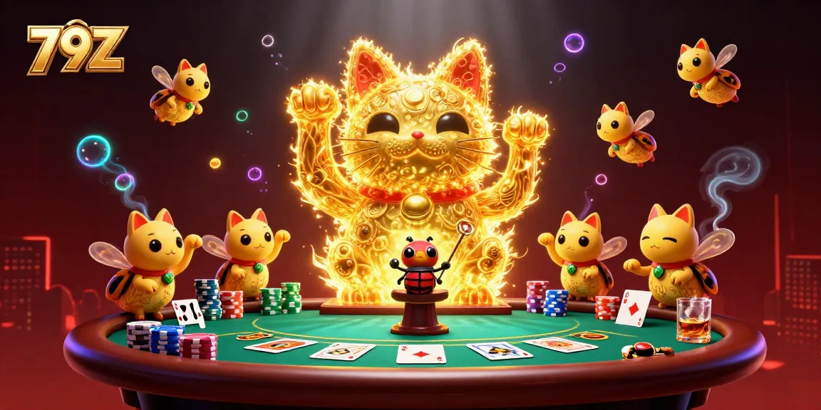Play iconic games and win big with 79Z at this vibrant casino scene featuring golden characters.