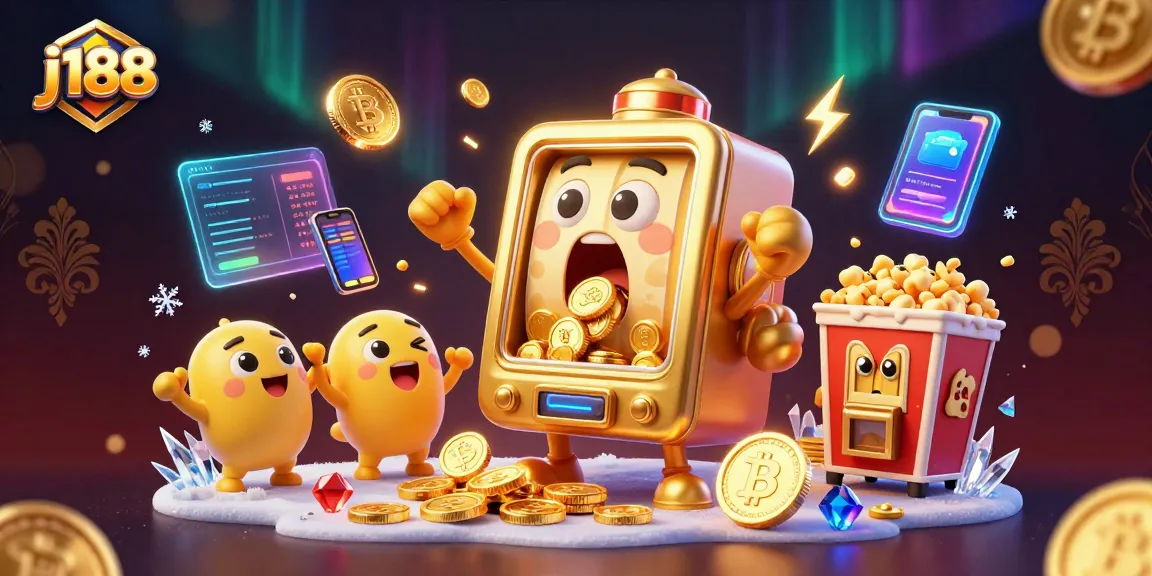 Experience the thrill of j188 as a golden slot machine wins a jackpot amidst crypto coins and vibrant game elements.