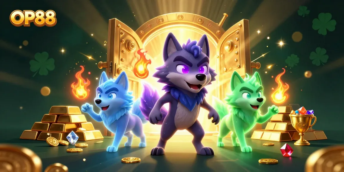 Experience thrilling wins at OP88 with colorful wolves and radiant treasures in a vibrant gambling scene.