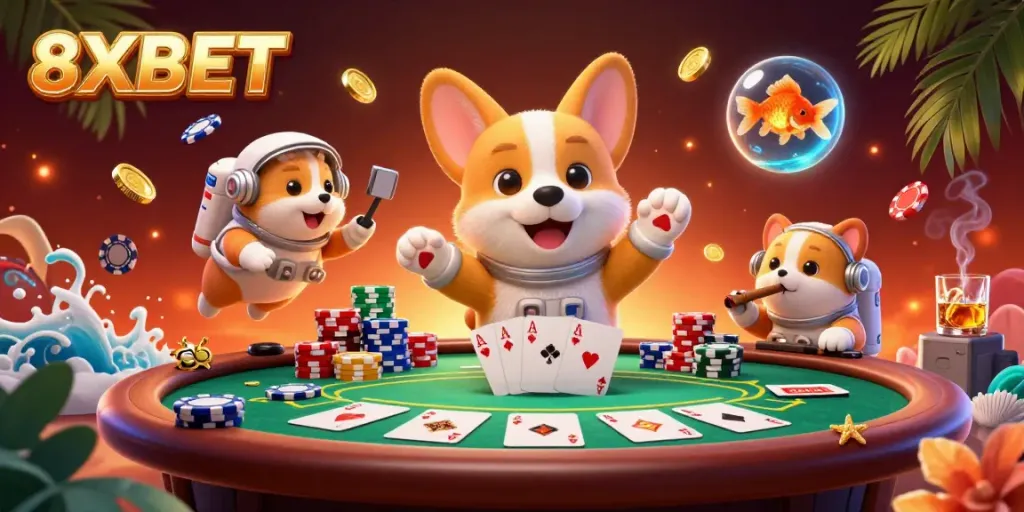 Experience the excitement of 8XBET with floating casino elements and charming characters.