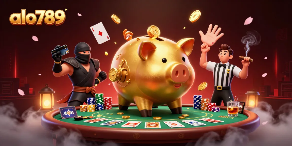 Alo789 showcases a dynamic poker scene with colorful chips and a vibrant design featuring characters like a sumo wrestler and a ninja.