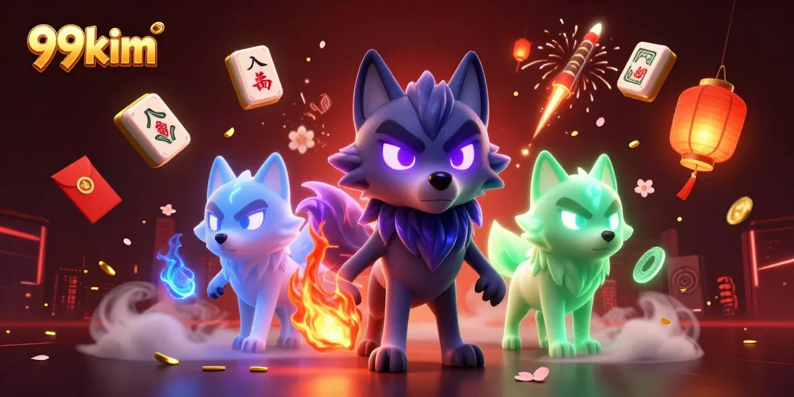 Experience the thrill of 99kim with vibrant gaming elements and captivating 3D wolves in a casino setting.