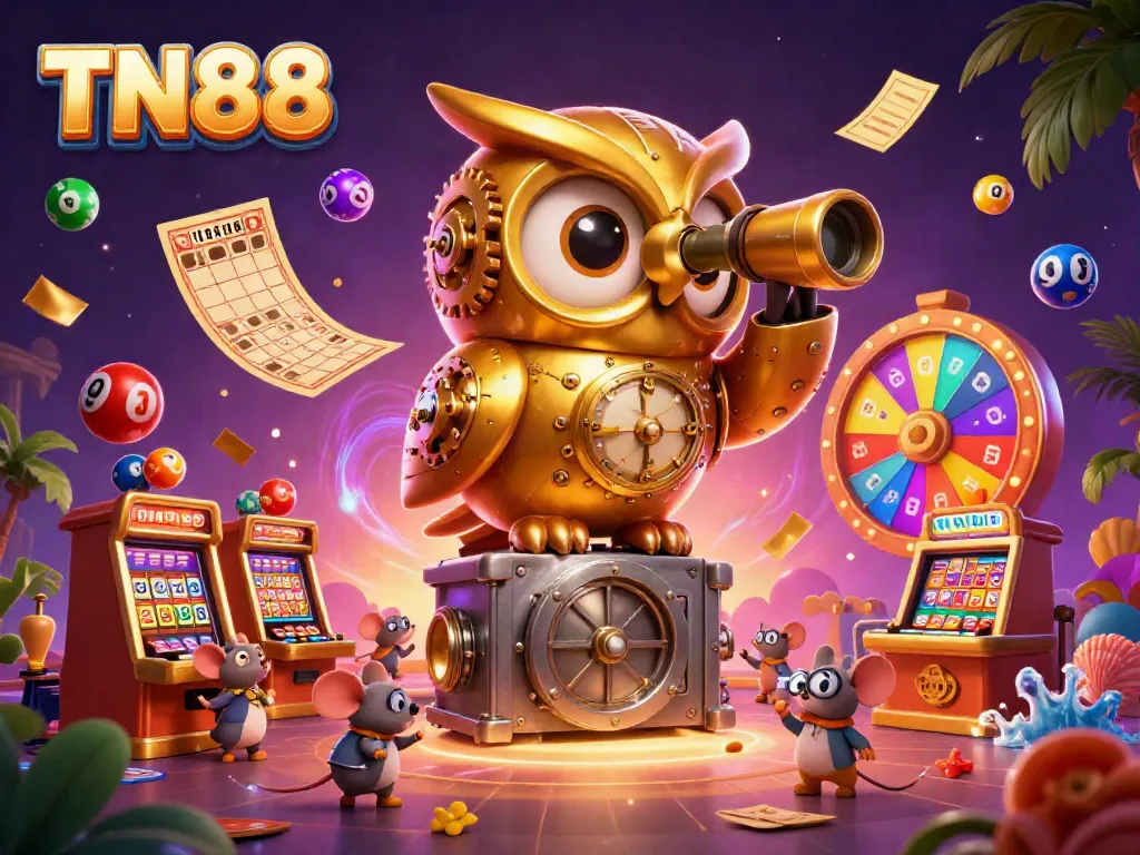 Experience the excitement of TN88 casino with a vibrant 3D illustration of an owl and playful mice amidst slots and lottery games.