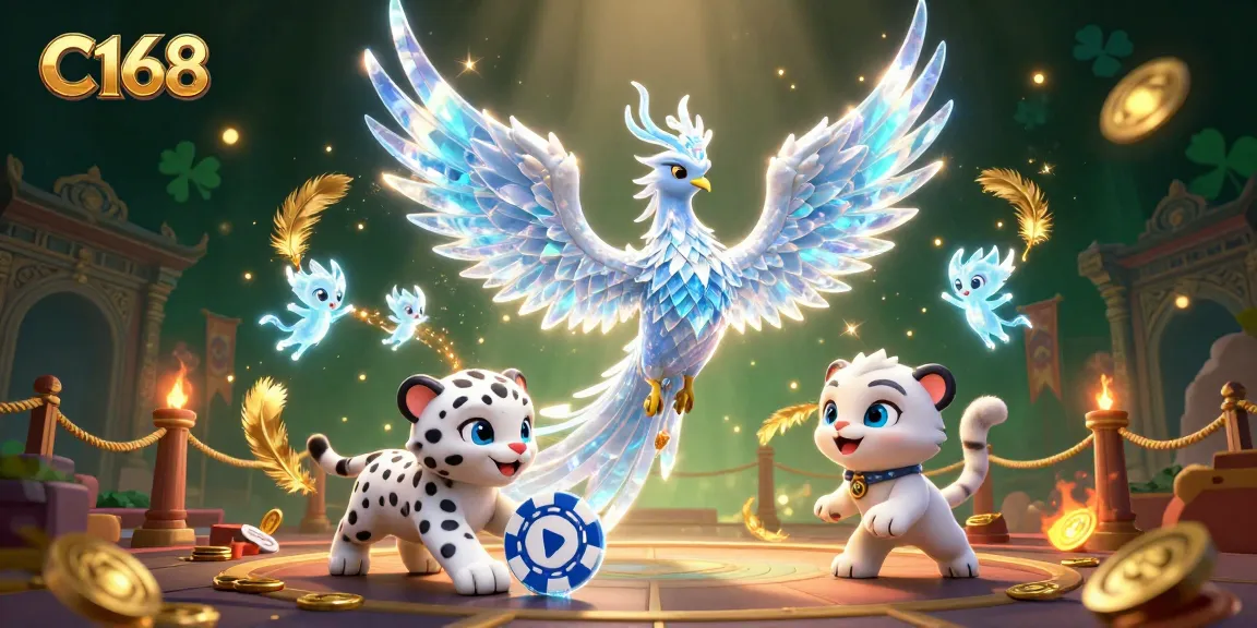 C168 casino illustration showcasing a vibrant ice phoenix and leopard cub playing in a dynamic gaming scene.