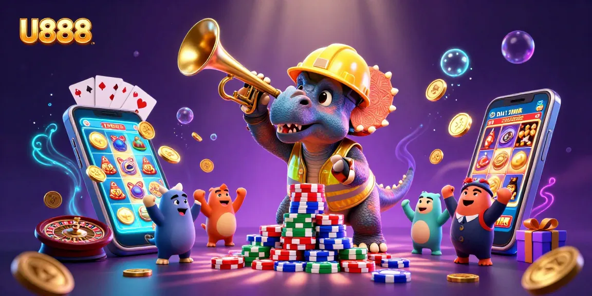 Experience U888's vibrant gaming scene with triceratops crafting chips and winnings.