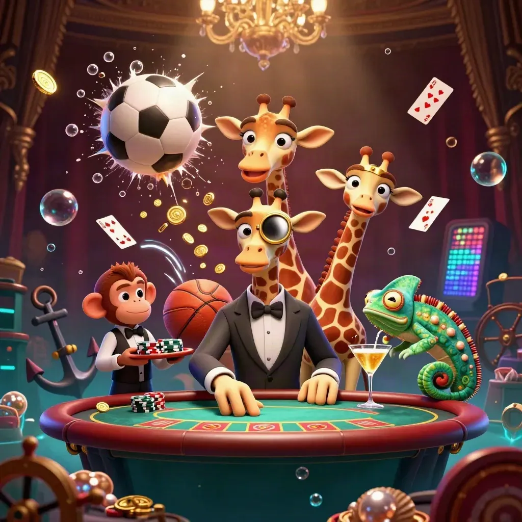 Cartoon giraffe, monkey, and chameleon in a luxe underwater casino with a soccer ball and gold coins.