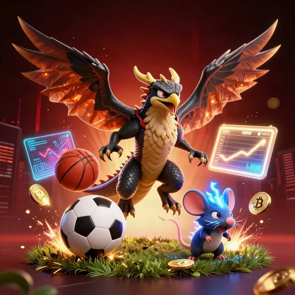 Thunder dragon, hawk and mouse amid coins, balls, lightning and casino effects on a dark red backdrop.