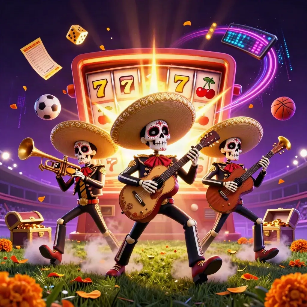 Skeleton mariachi trio amid bursting slot symbols, sports balls, gold dice and neon magic.