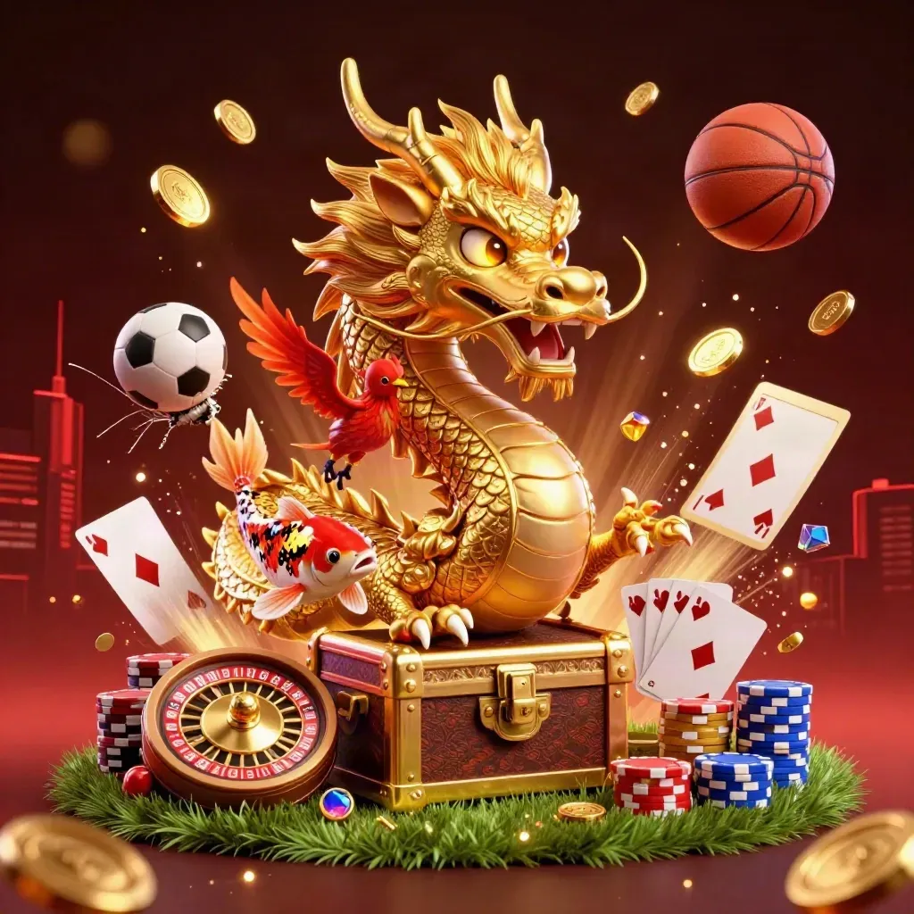 Golden dragon casino key art with balls, chips, coins, and glowing red-black stadium light.