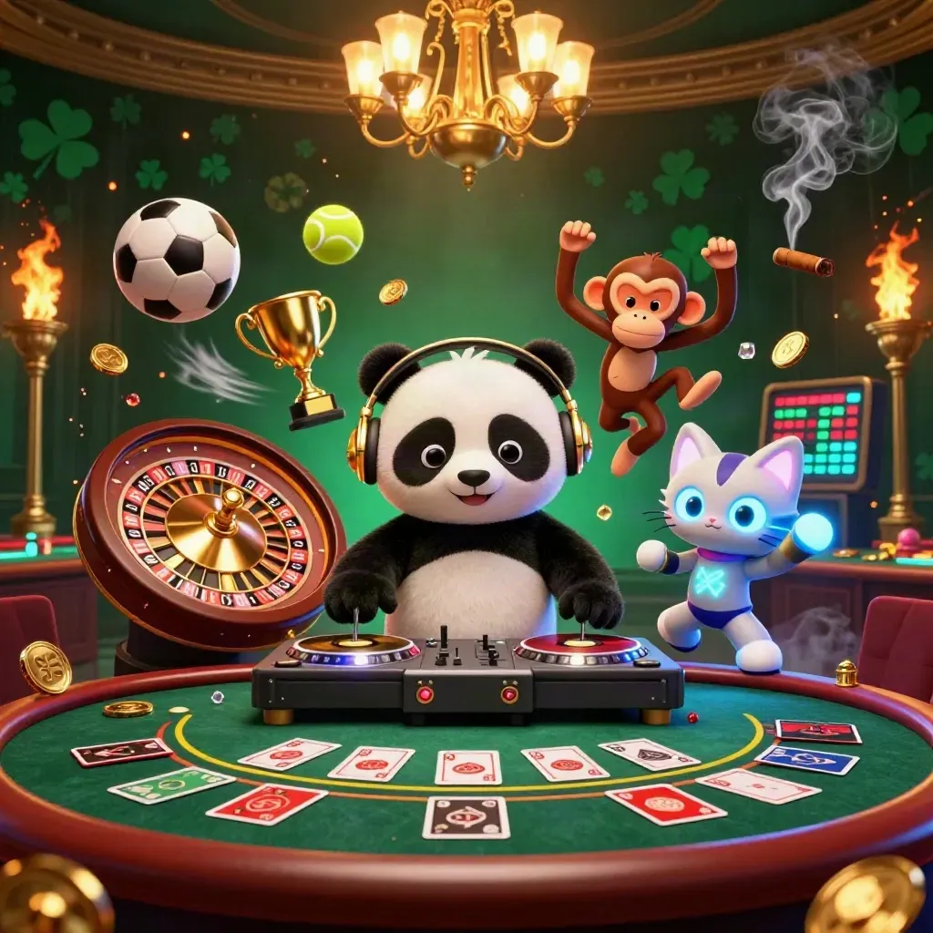 DJ panda, monkey and glow-stick kitten in a luxe casino rave with coins, balls and green-gold lights.