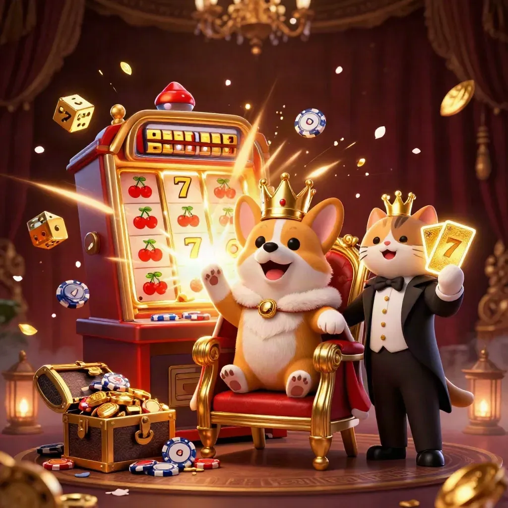 Royal corgi king and cat butler amid jackpot bursts, gold dice and treasure on dark luxe damask.