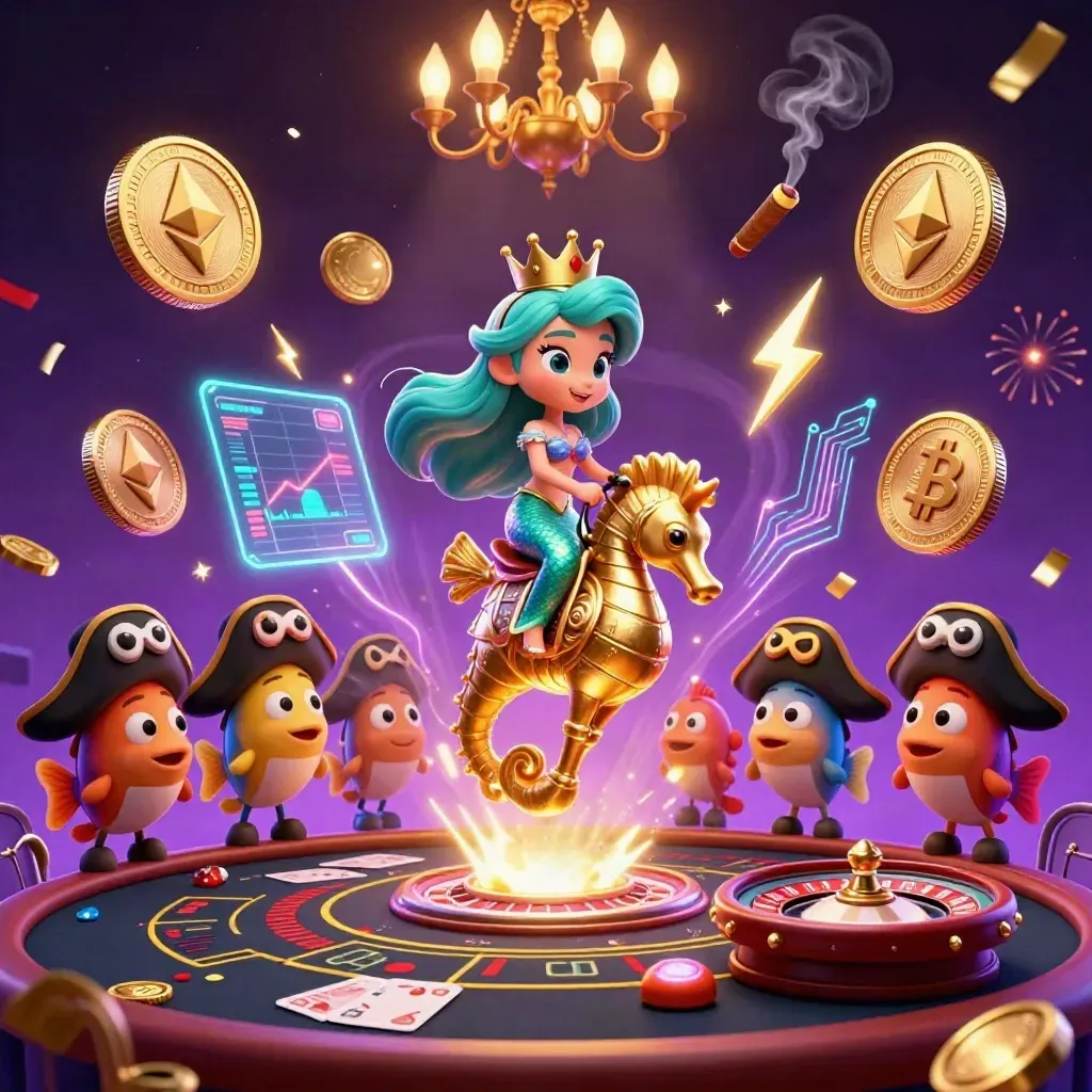 Mermaid princess on a seahorse amid casino magic, coins, confetti, and glowing neon effects.