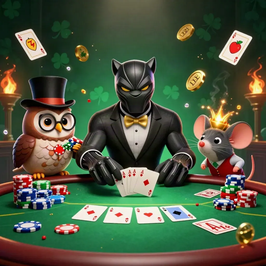 Tuxedo panther, owl and mouse at a poker table with chips bursting in a luxe casino scene.
