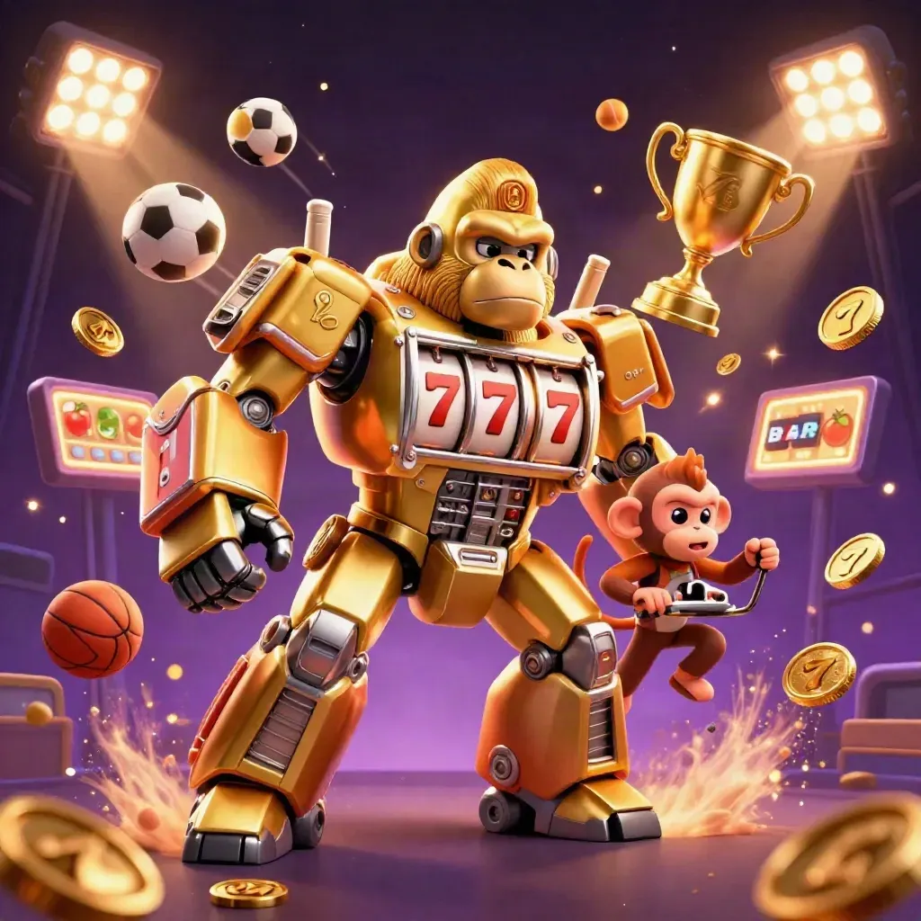 Golden gorilla slot mech with monkey pilot amid coins, sports balls, trophies, and purple magic burst
