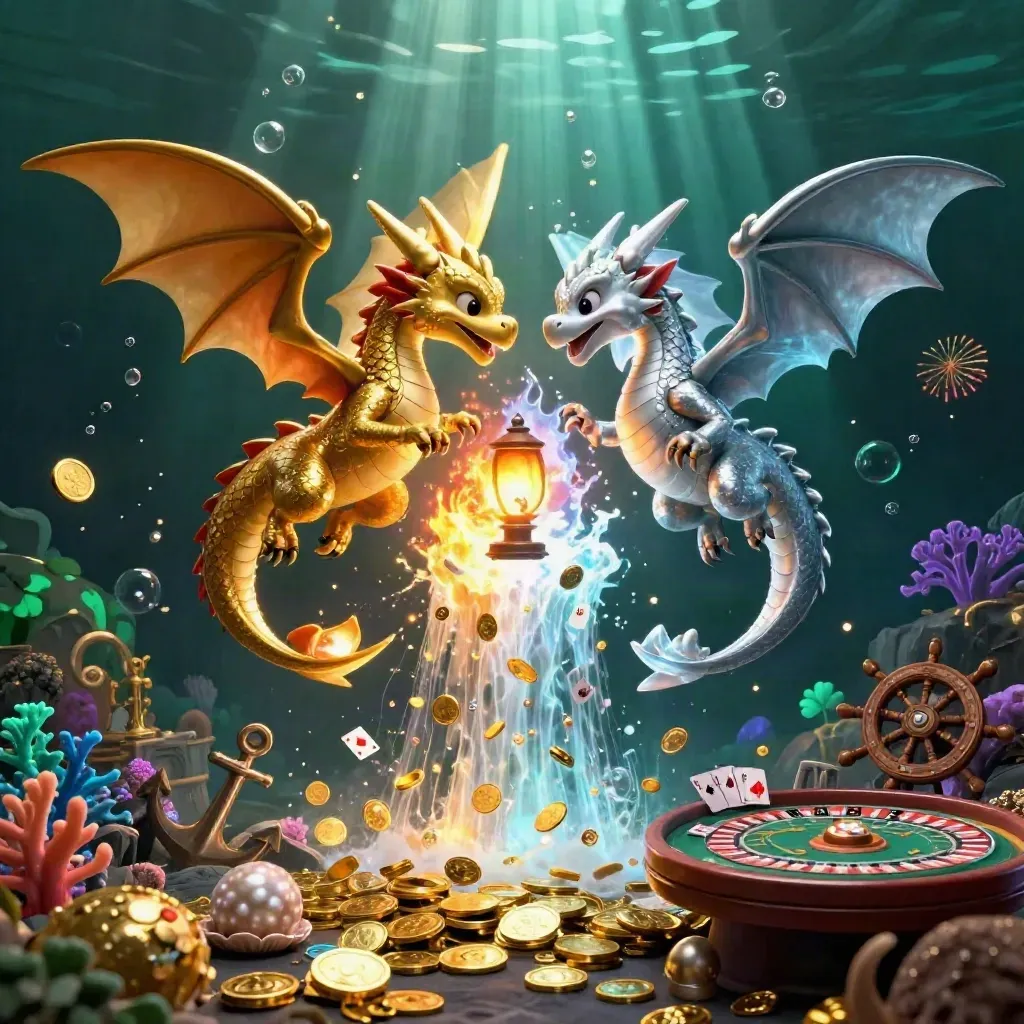 Gold and silver dragons spiral over a neon treasure cove with coins, cards, and glowing casino props.