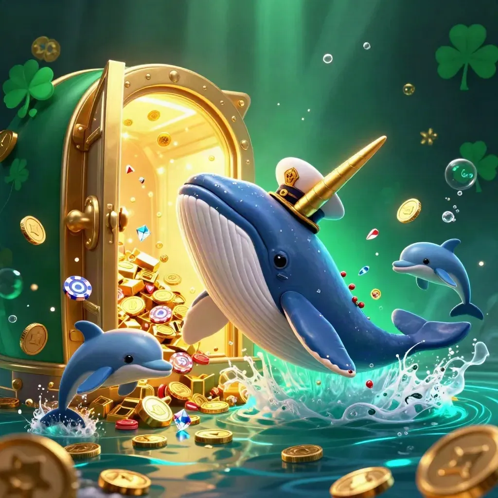 Whale captain, narwhal and dolphins burst from coins beside a glowing treasure vault.