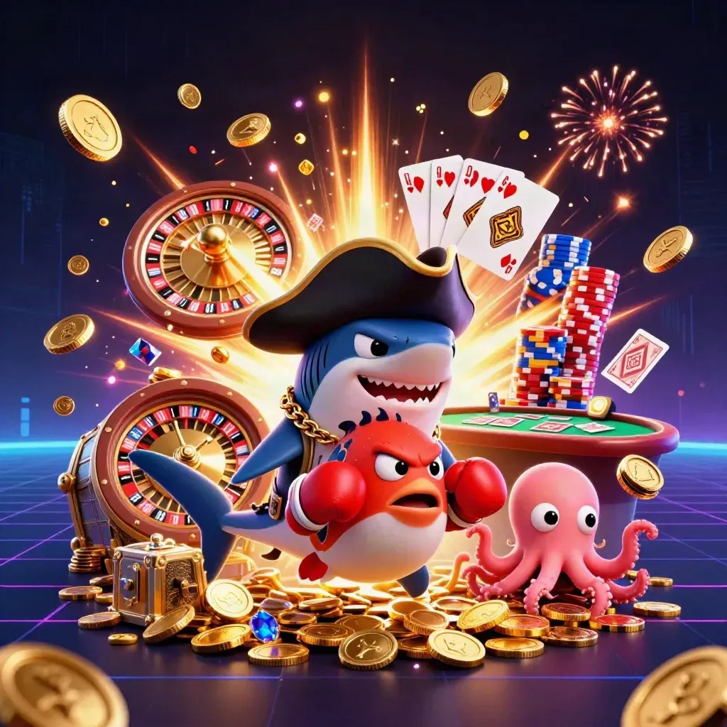Pirate shark, boxing pufferfish and juggling octopus amid coins, cards, chips and neon casino sparks