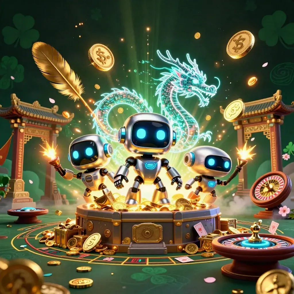 Robot, AI dragon and coin drone amid casino treasure, fireworks and fantasy casino props.