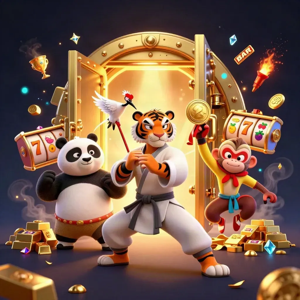 Tiger, panda, and monkey in a gold vault blast with casino symbols and luxe dark glow