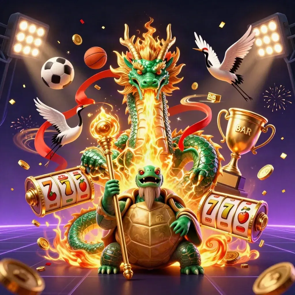 Emerald dragon, turtle sage, and cranes amid casino lights, coins, reels, and fireworks.