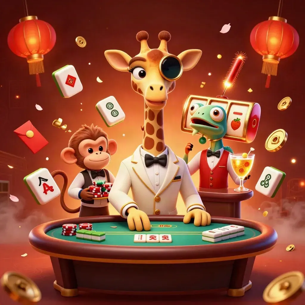 High-roller giraffe, monkey valet and chameleon bartender amid casino treasures and glowing effects.