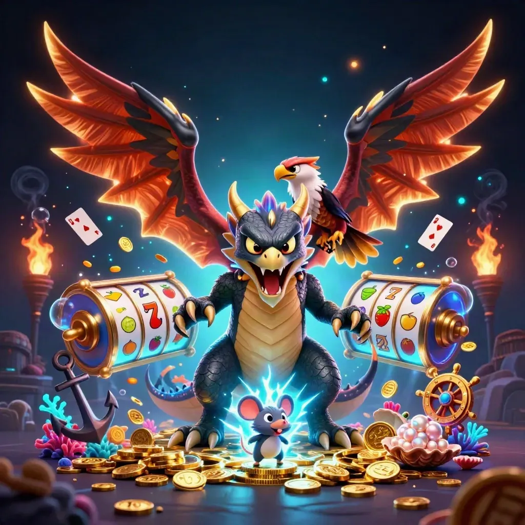 Thunder dragon, winged hawk and static mouse amid casino treasure, reels and blue lightning