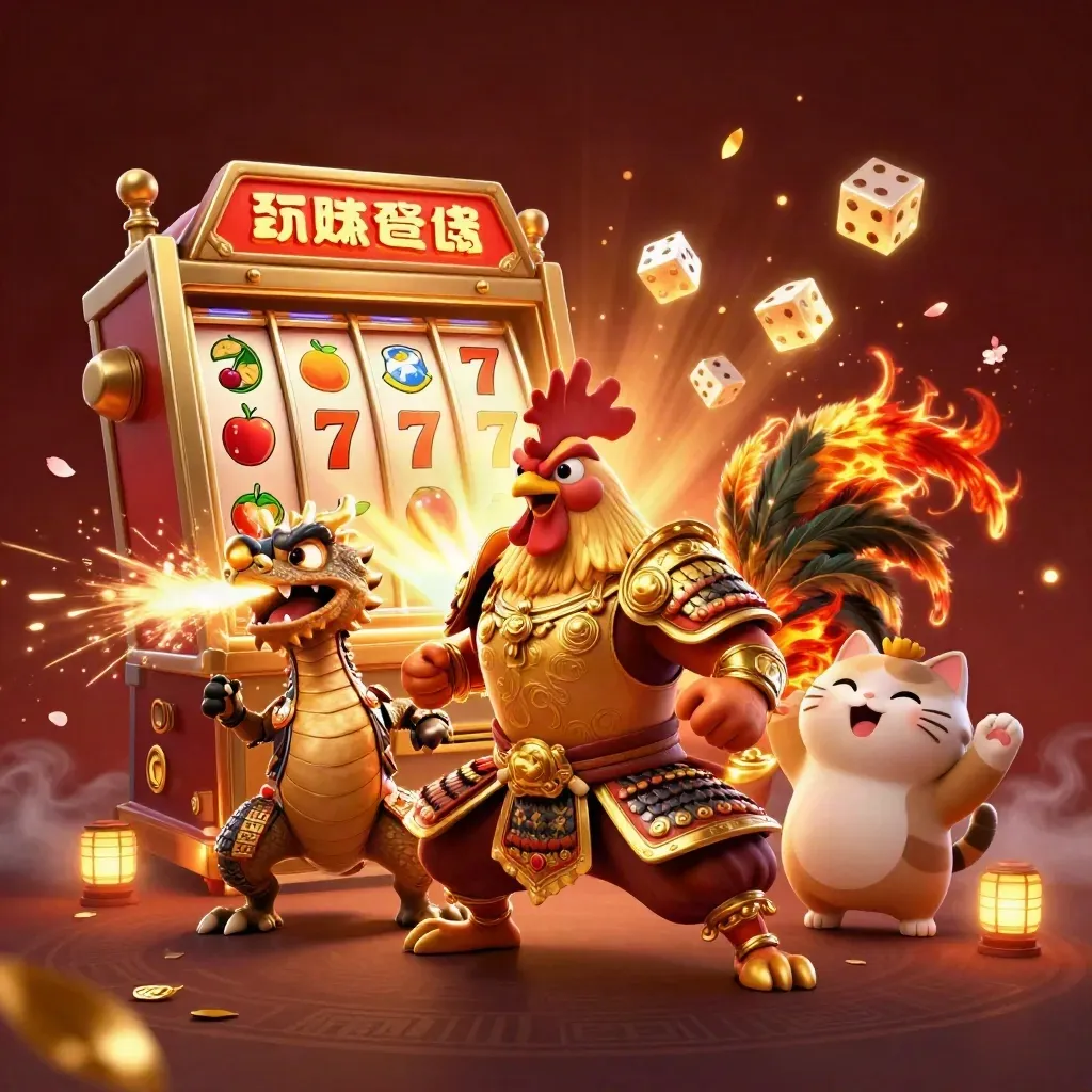 Rooster warrior, dragon hatchling and fortune-cat amid jackpot bursts and casino sparks.