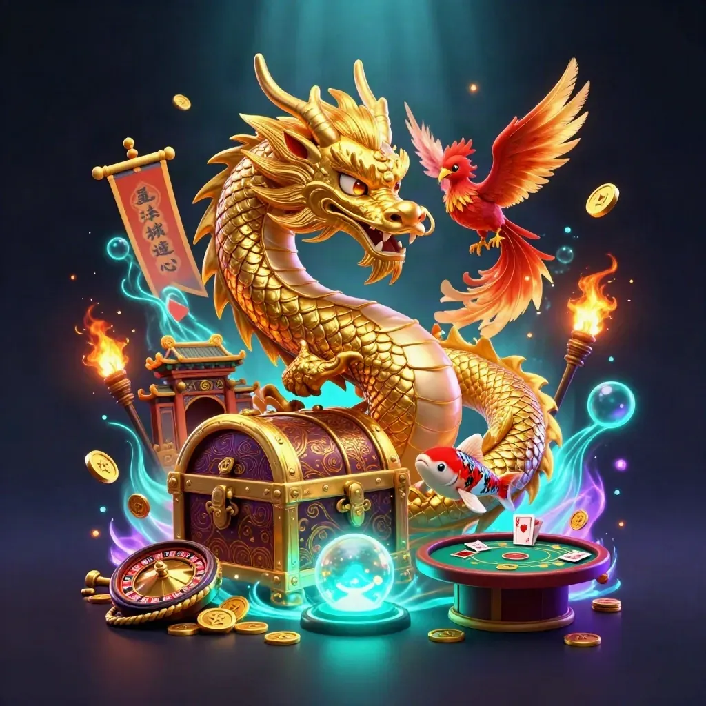 Golden dragon with phoenix and koi around treasure chest, neon casino props and luxe glow.